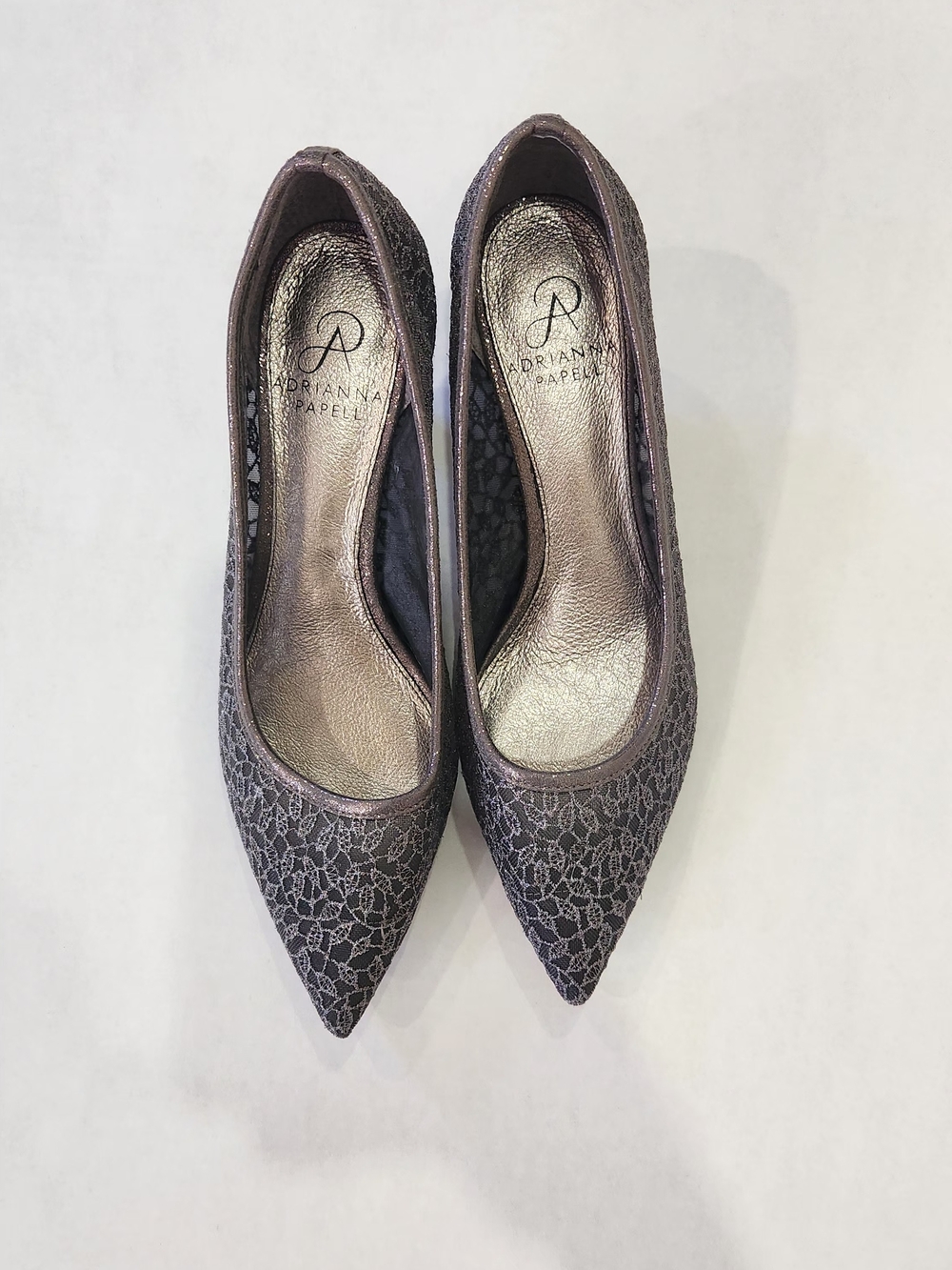Adrianna Papell Metallic Pewter Lace Pointed Toe Pumps